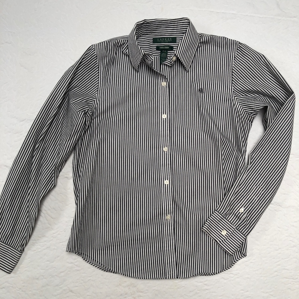 Lauren Petite non iron black and white striped dress shirt